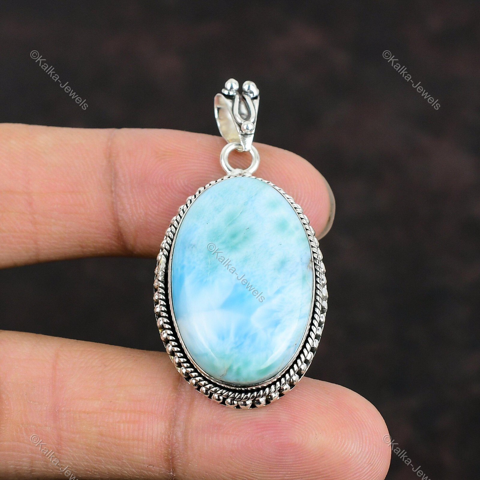 Natural Larimar Gemstone Pendant Blue 925 Sterling Silver Indian Jewelry