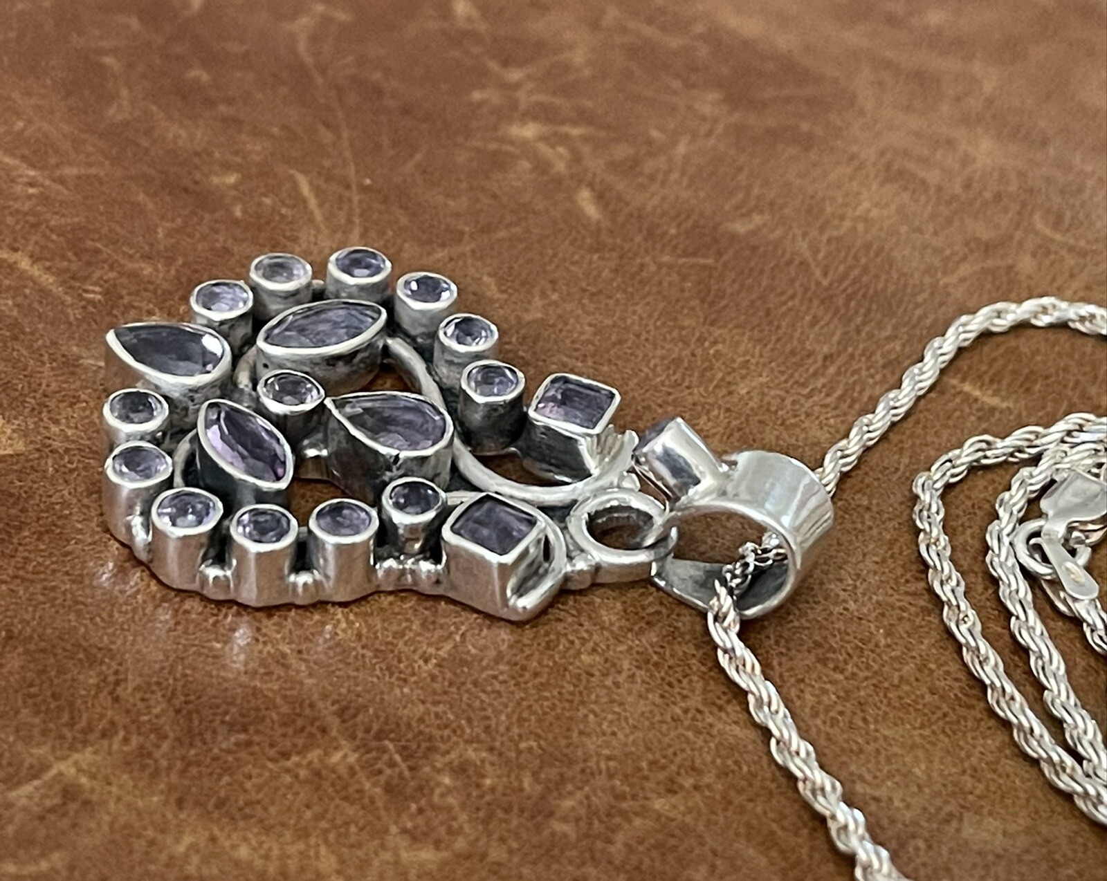 Vintage Amethyst Cluster Pendant Twisted Rope Chain Sterling 925 Necklace 20” in