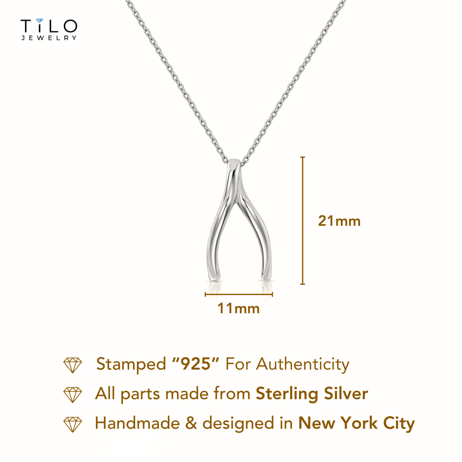 Solid 925 Sterling Silver Wishbone Pendant Charm Necklace 18″ Cable Chain