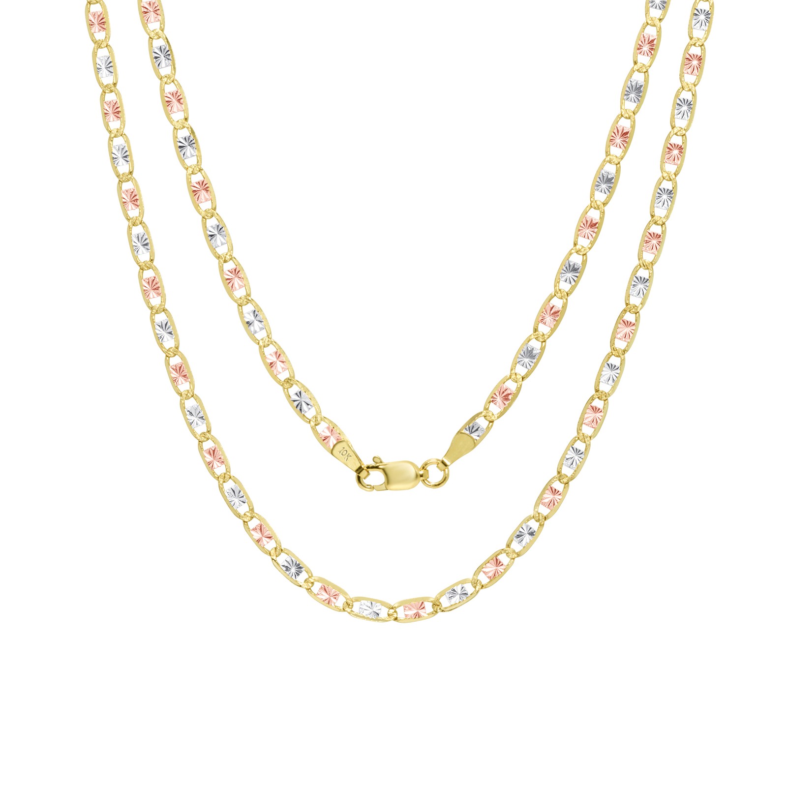 10K Solid Tri-Color Yellow Rose White Gold 3mm Valentino Chain Necklace 16″- 26″