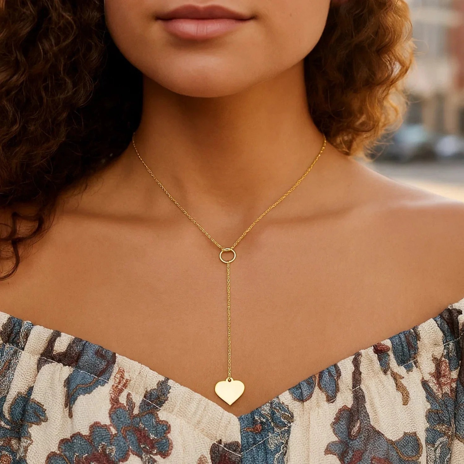 Delicate Heart Lariat Y Necklace 14K Yellow Gold Handmade Fine Valentines Day