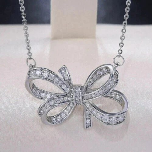 1.00Ct Lab Created Diamond Round Bow Knot Pendant 14K White Gold Silver Plated
