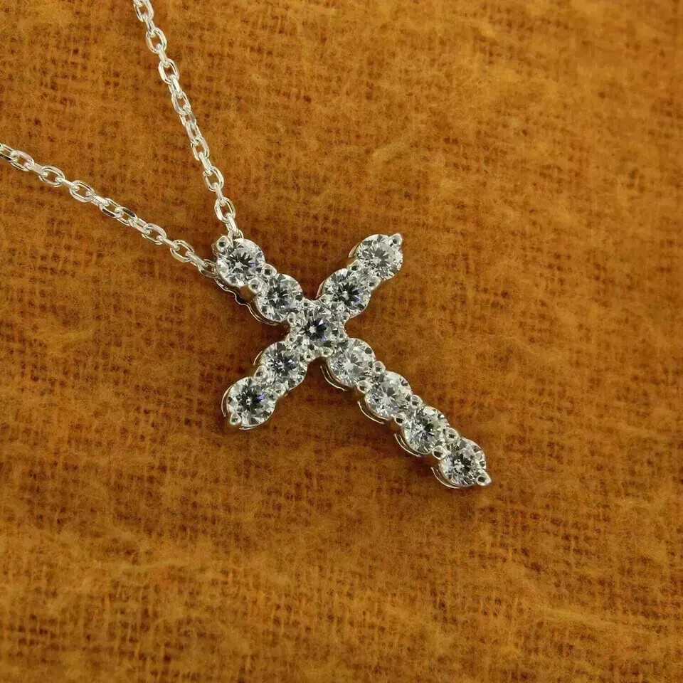 2CT Round-Cut Real Moissanite Cross Pendant Necklace 14K White Gold Plated