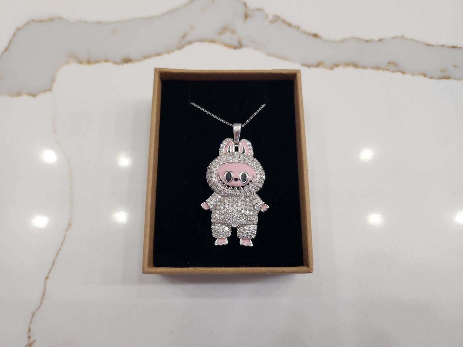 2.5 CT Lab Diamond Necklace with Labubu Doll Pendant 925 Sterling Silver & Pink