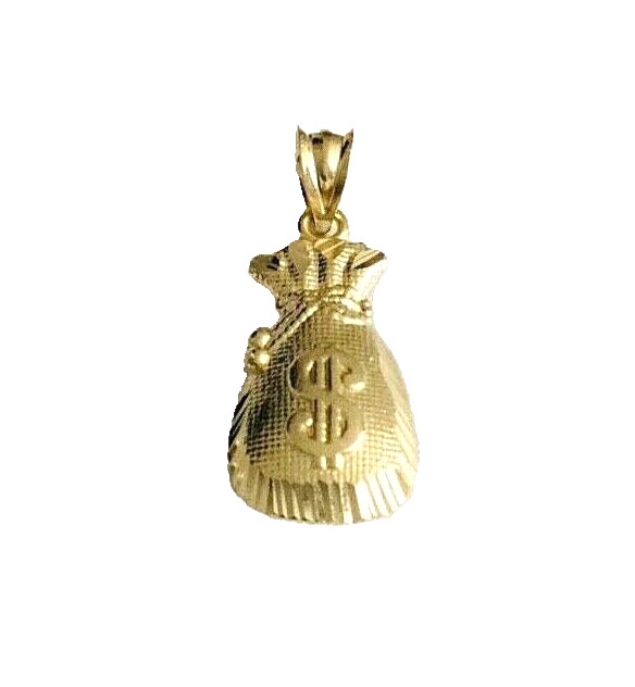 10K Solid Gold Money Bag Pendant – 1″ 10K Real Gold Charm, Dollar Charm-G15
