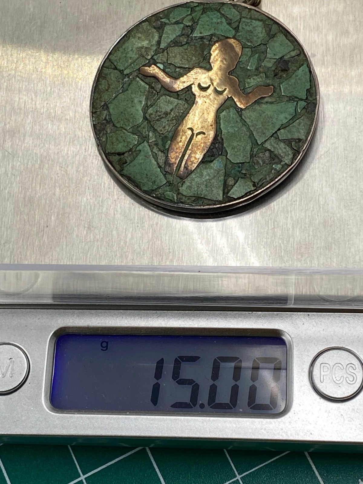 Vintage Taxco Sterling Silver & Crushed Turquoise Inlay Pendant with Nude Figure
