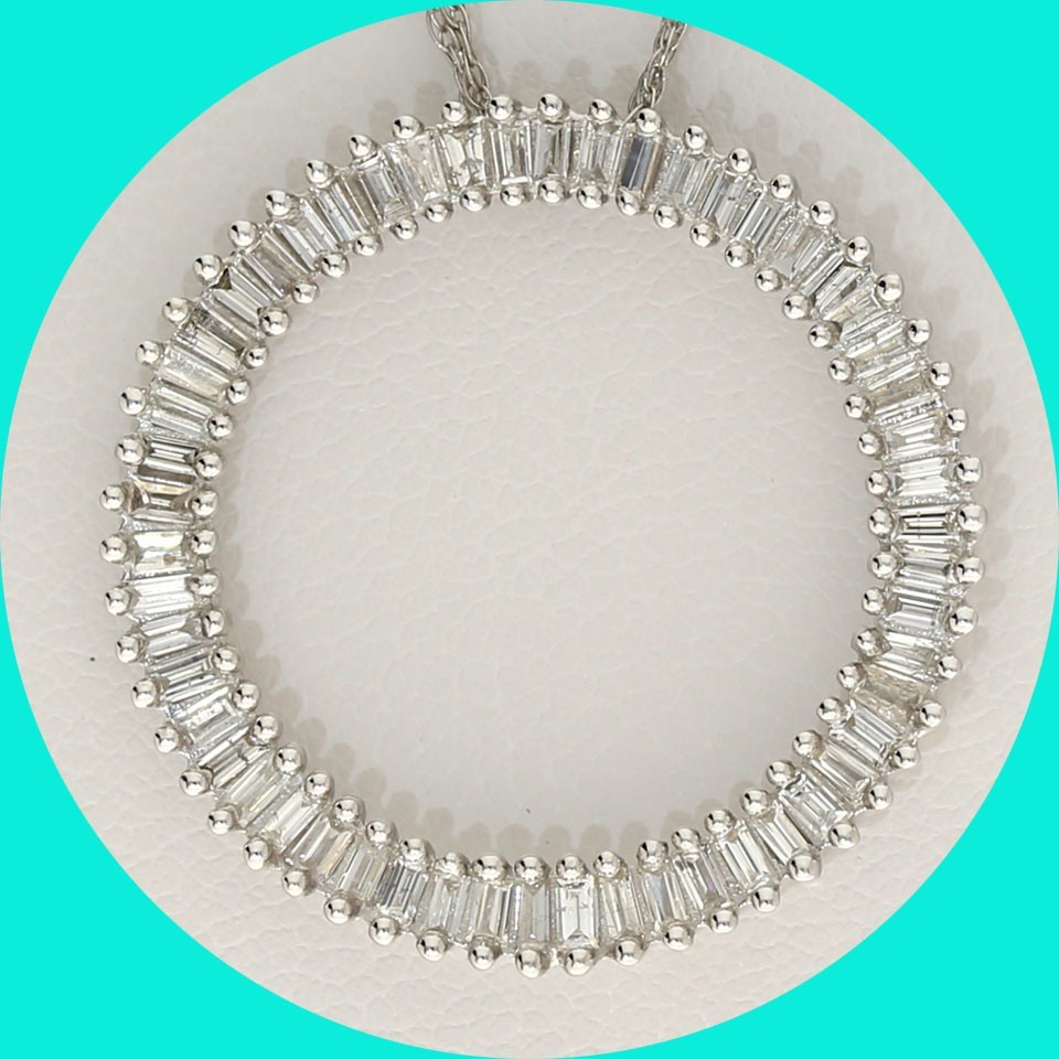 Natural Baguette Diamond Circle Pendant Necklace .80CT 14K WG 18”Chain