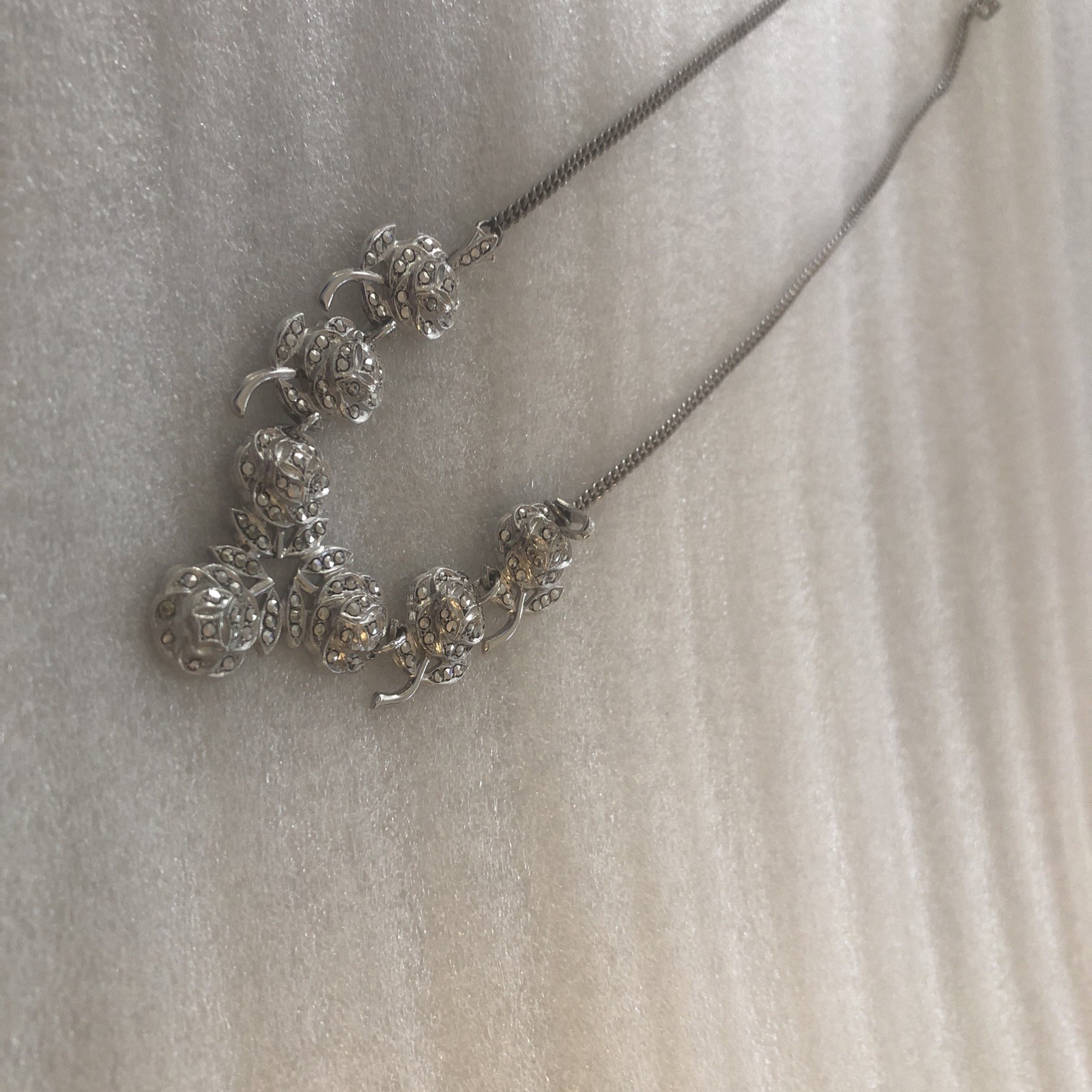Sterling Silver Flower Necklace With Marcasite Gorgeous 17 Inches Long