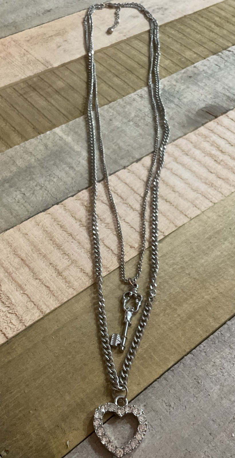 Silver Tone Key and Heart Layered Necklace 16” Long With Ext