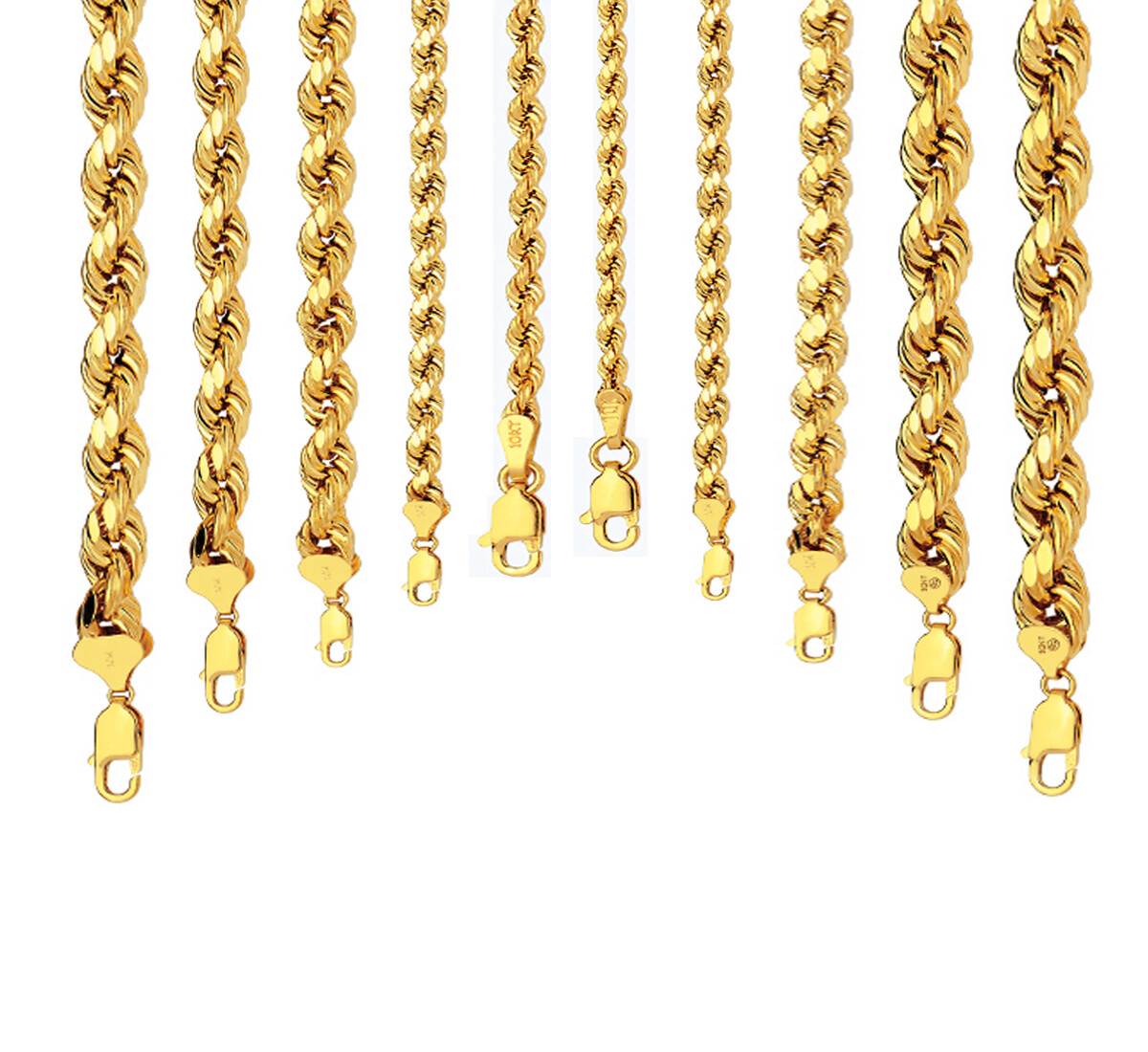 14k Yellow Gold 2mm-10mm D/cut Rope Chain Necklace Size 16″-30″ Hollow