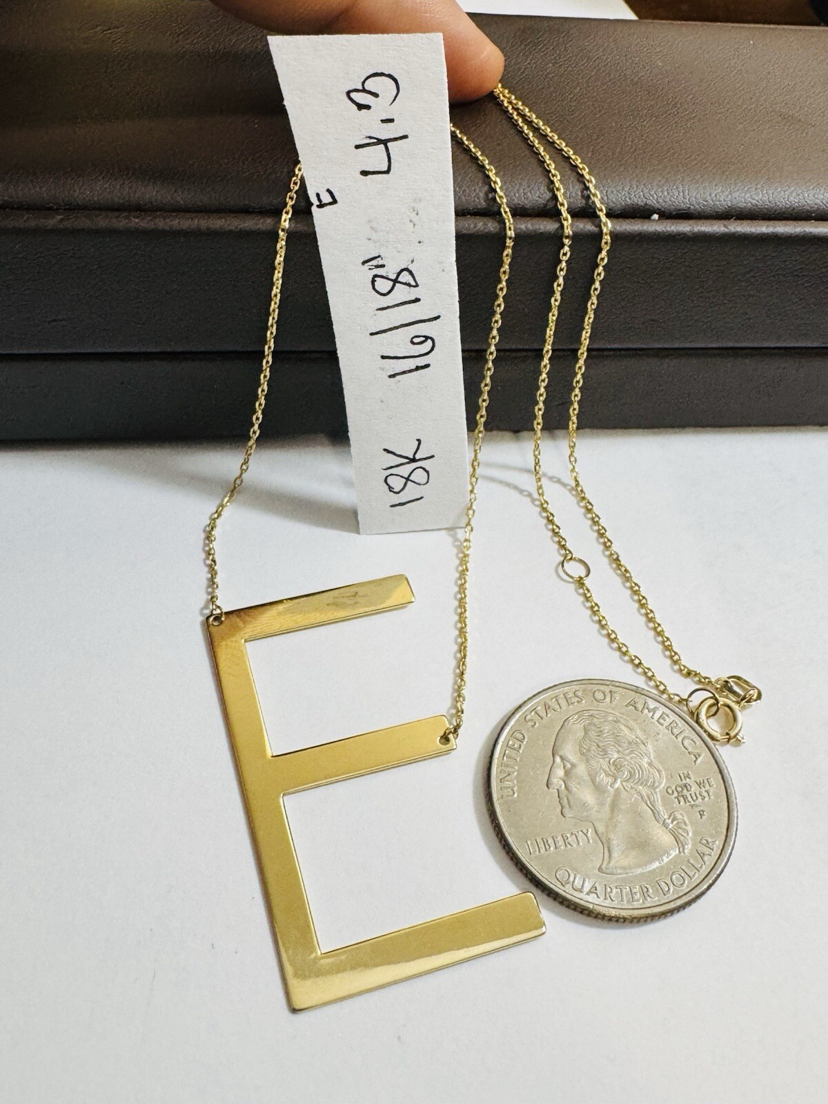 RARE 18K 750 Fine Gold Letter E initial Necklace 16.5/17.5” Long 1mm 4.3g
