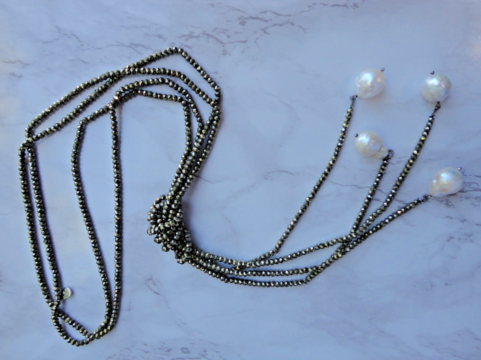VTG ESTATE 925 INDIA BAROQUE PEARL PYRITE LARIAT BEADED DOUBLE NECKLACE 44″