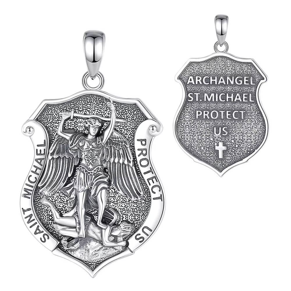 MLD 925 Sterling Silver Saint St Michael Shield Medal Pendant Necklace