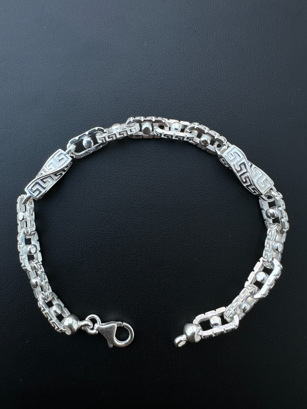 Real 7mm 925 Sterling Silver Custom Greek Key Hermes Rolo Link Chain Bracelet