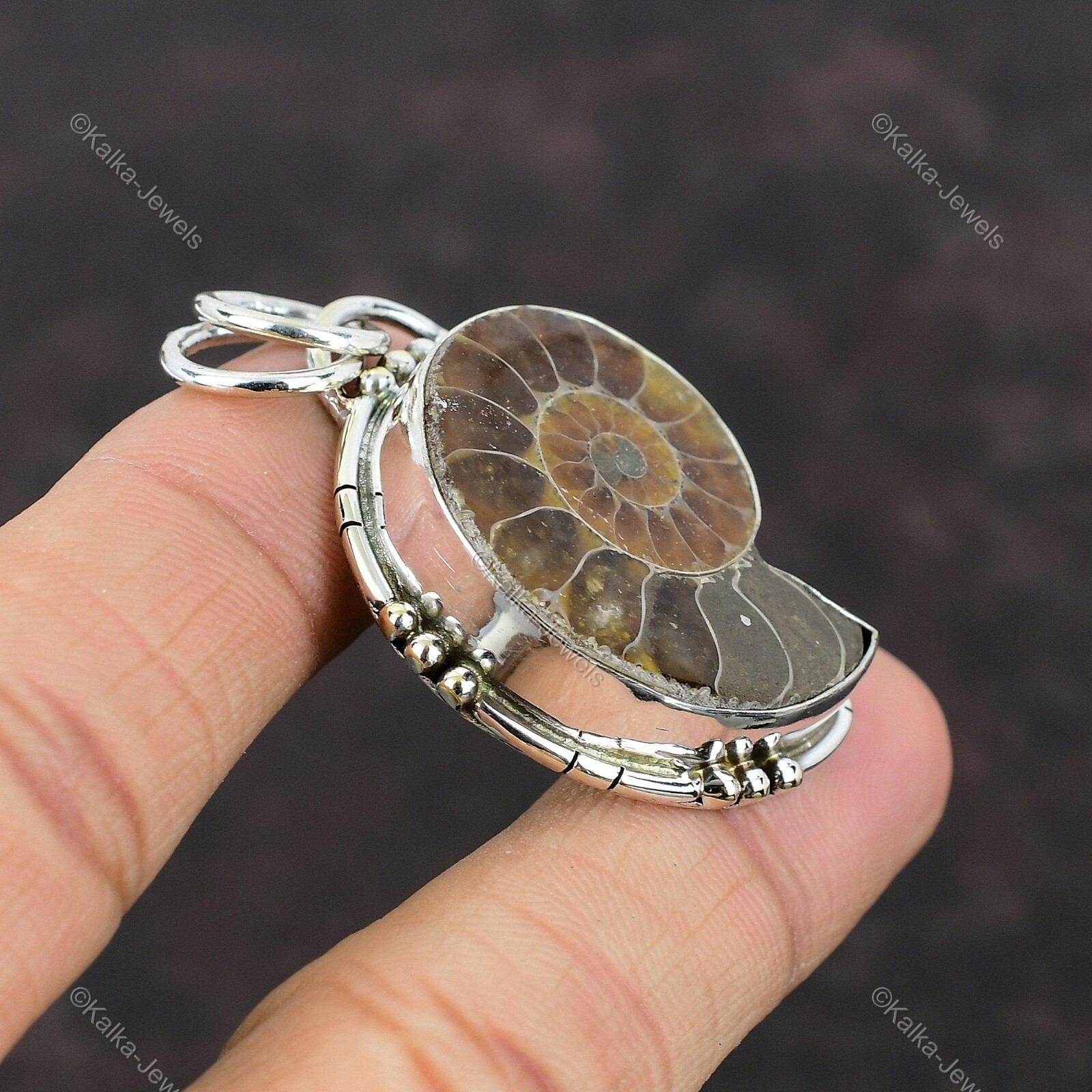 Natural Ammonite Fossil Gemstone Pendant Vintage 925 Sterling Silver Jewelry
