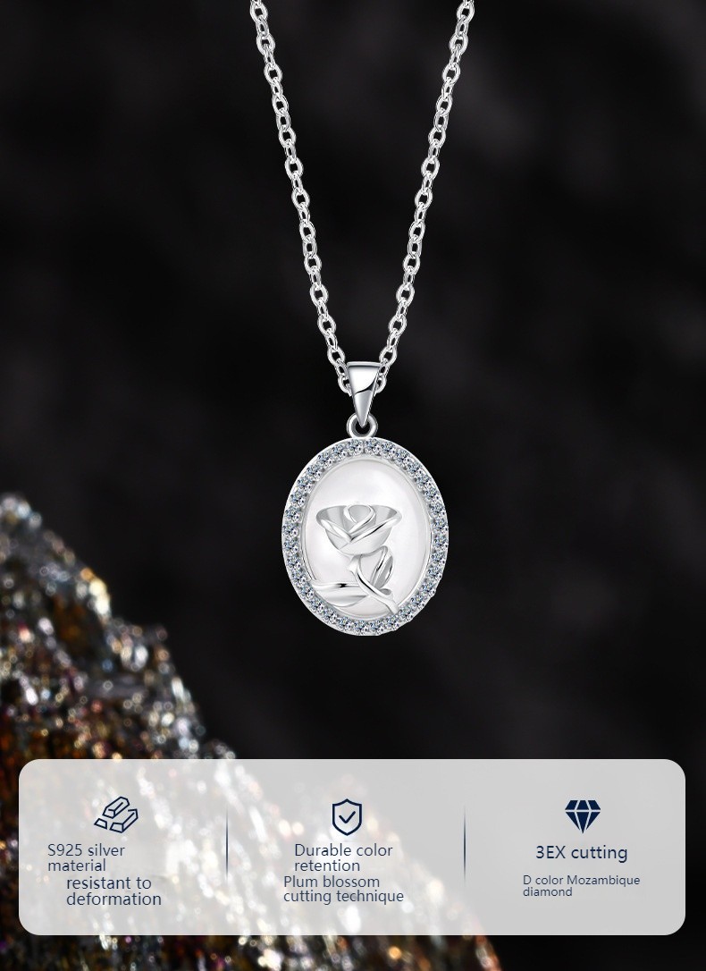 S925 Silver Oval Rose Pendant Necklace MOP Moissanite Korean Dainty Women Chain