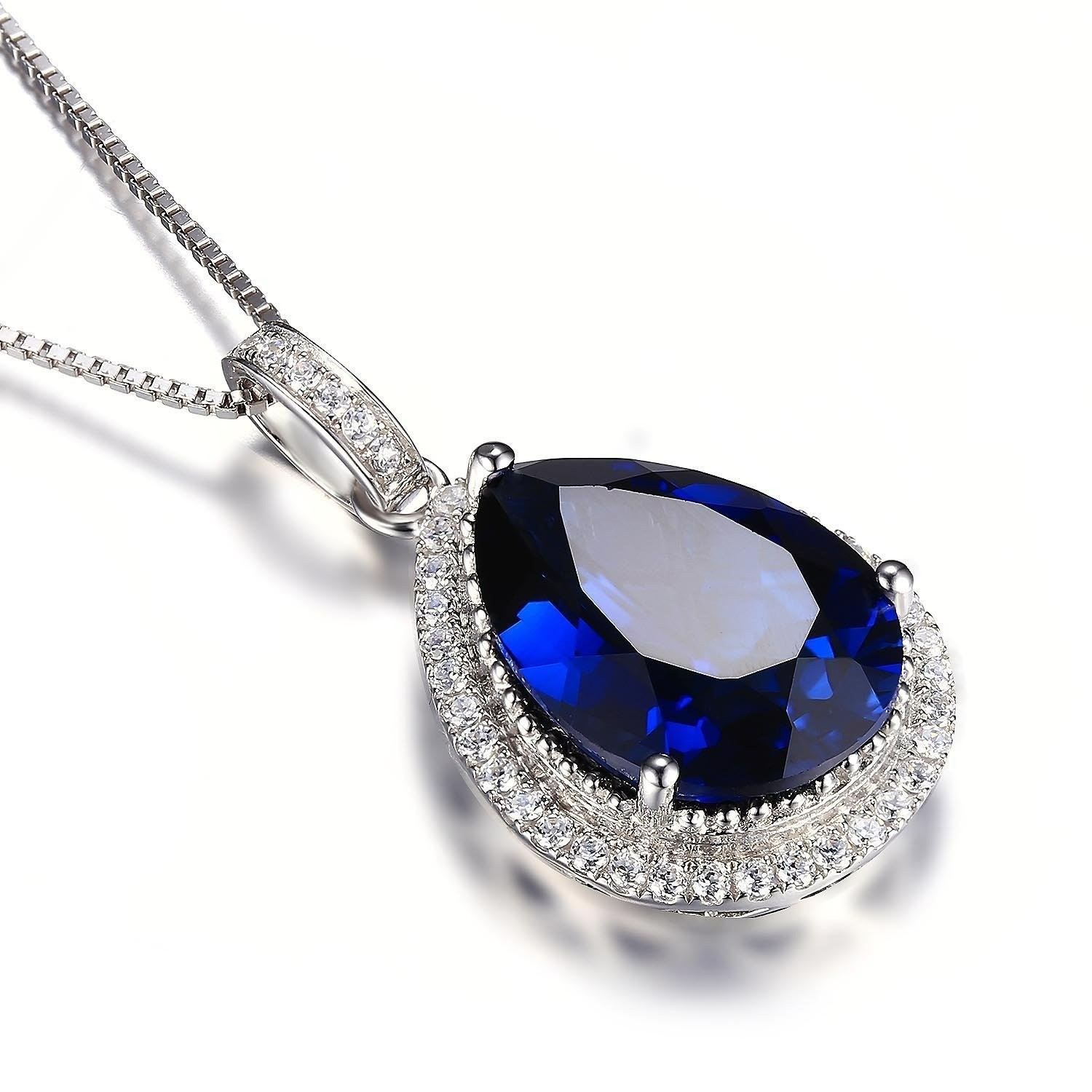 Huge Pear Cut 10.9ct Blue Sapphire Halo Pendant Necklace 14k White Gold