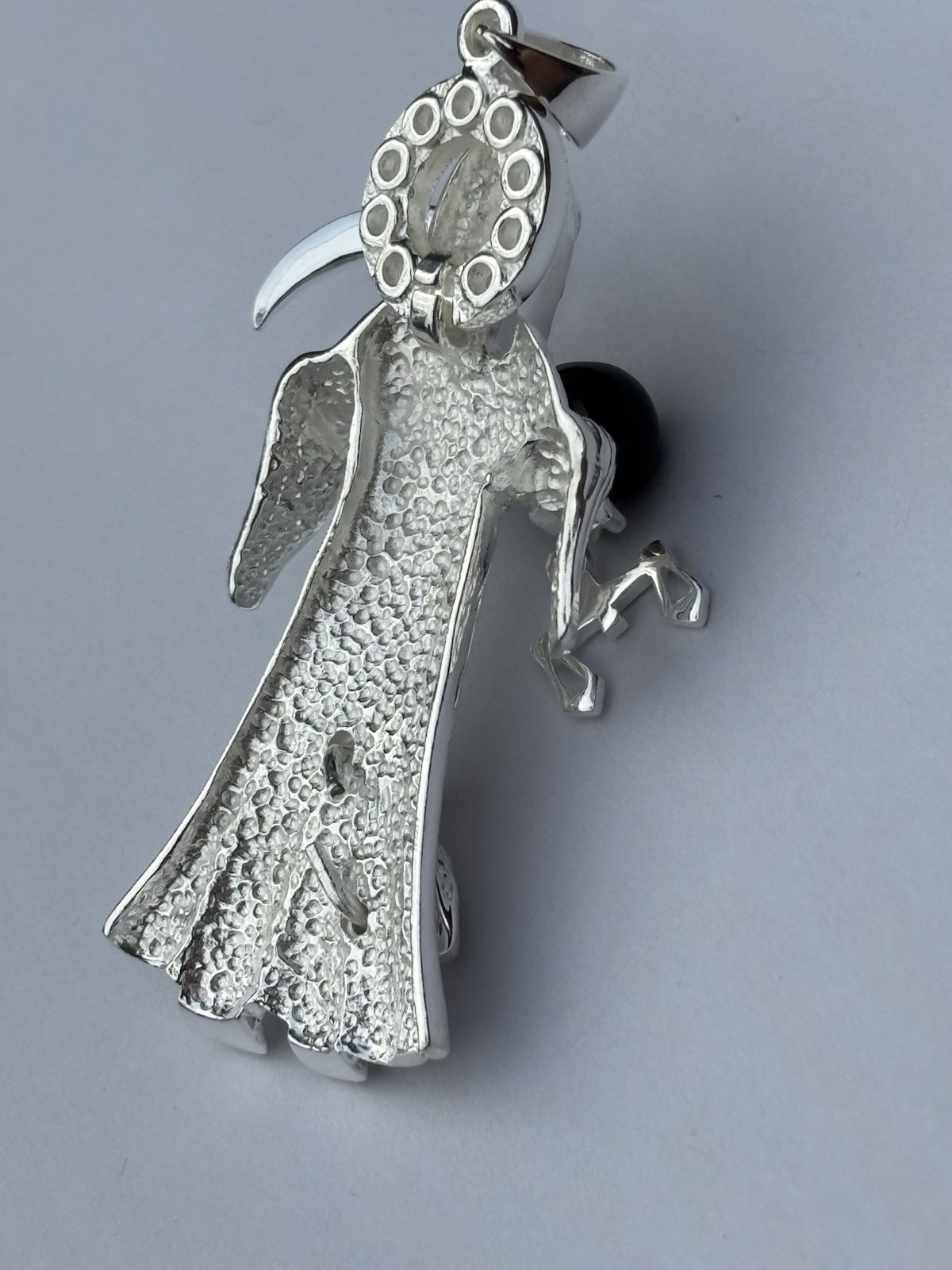 2.5″ ICED 925 STERLING SILVER LA SANTA MUERTE GRIM REAPER PENDANT CZ ONYX