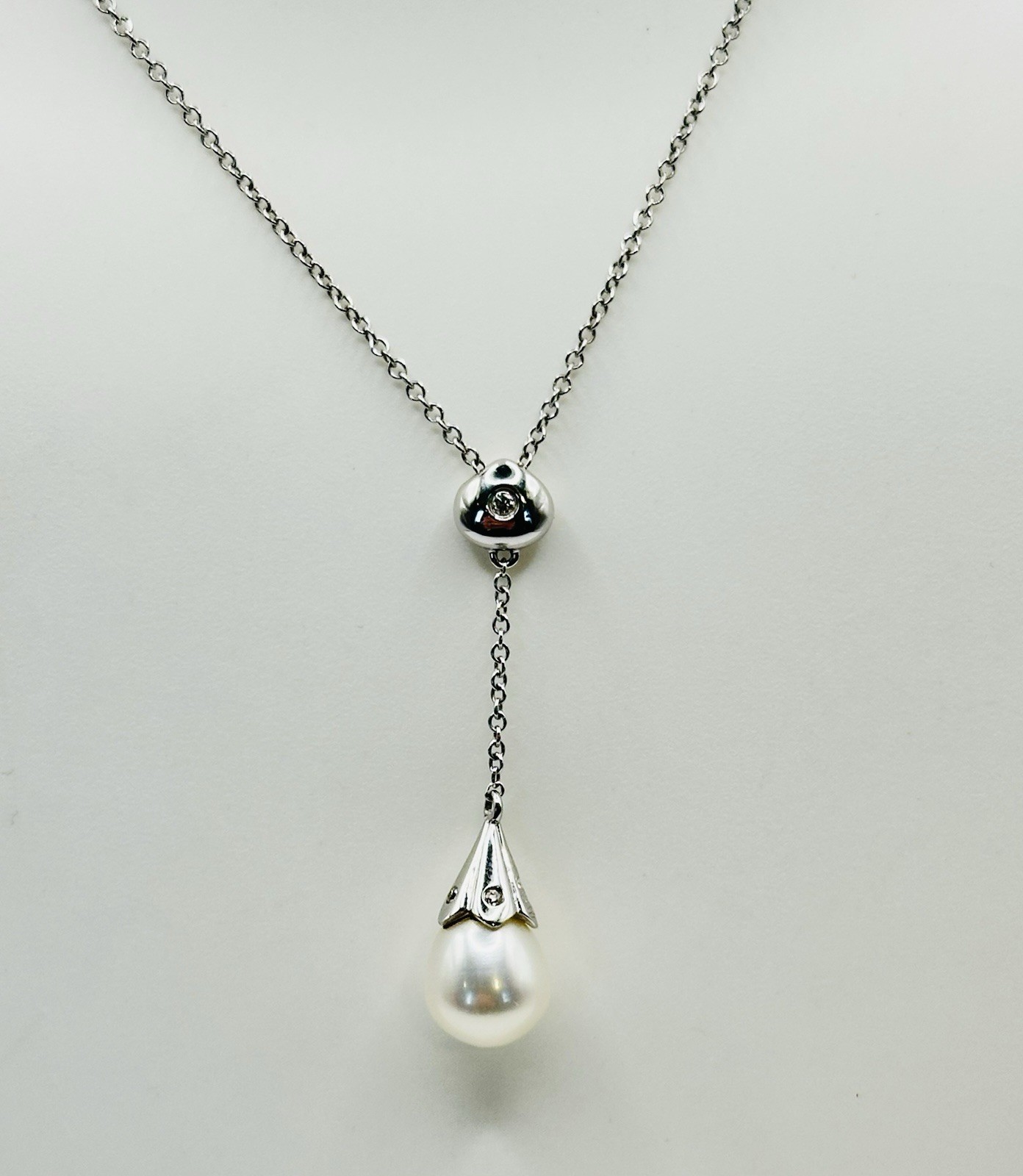 8mm Freshwater Pearl & Diamond Drop Y-Neck Necklace 14k White Gold 16”