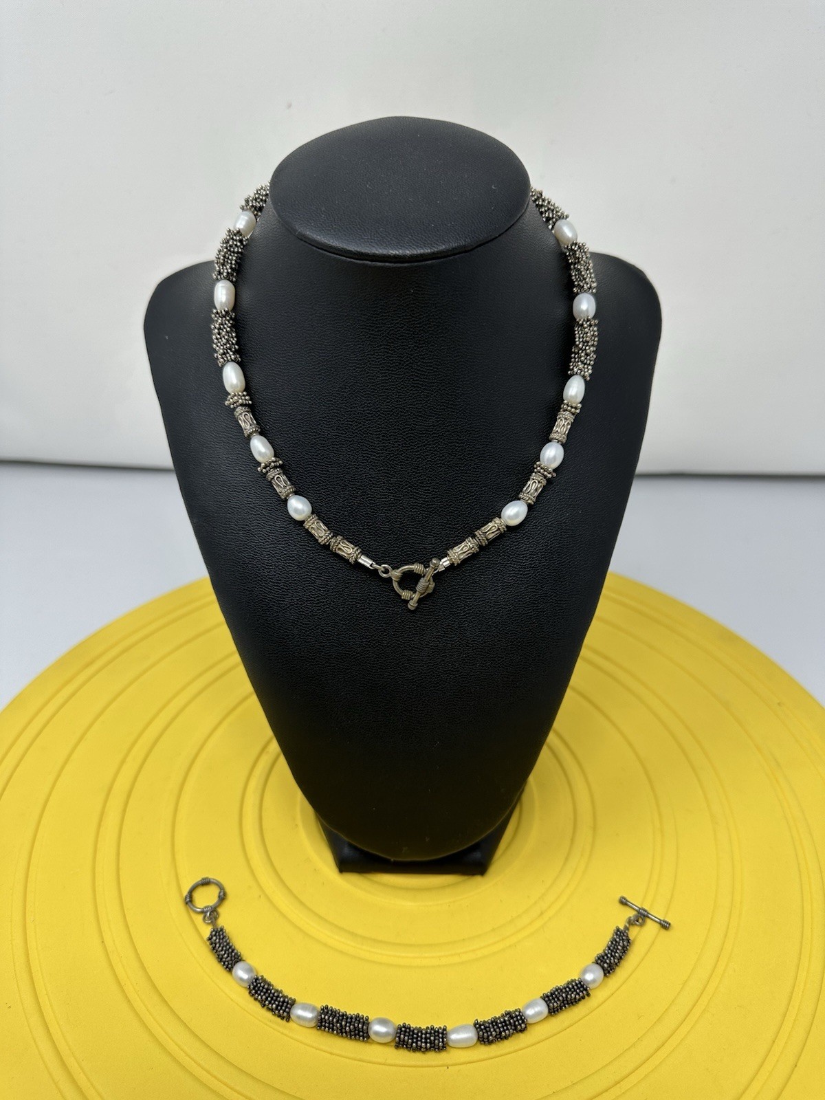 Sterling Silver Natural Pearls Choker Necklace & Bracelet Set Chic 72g 16in 6in