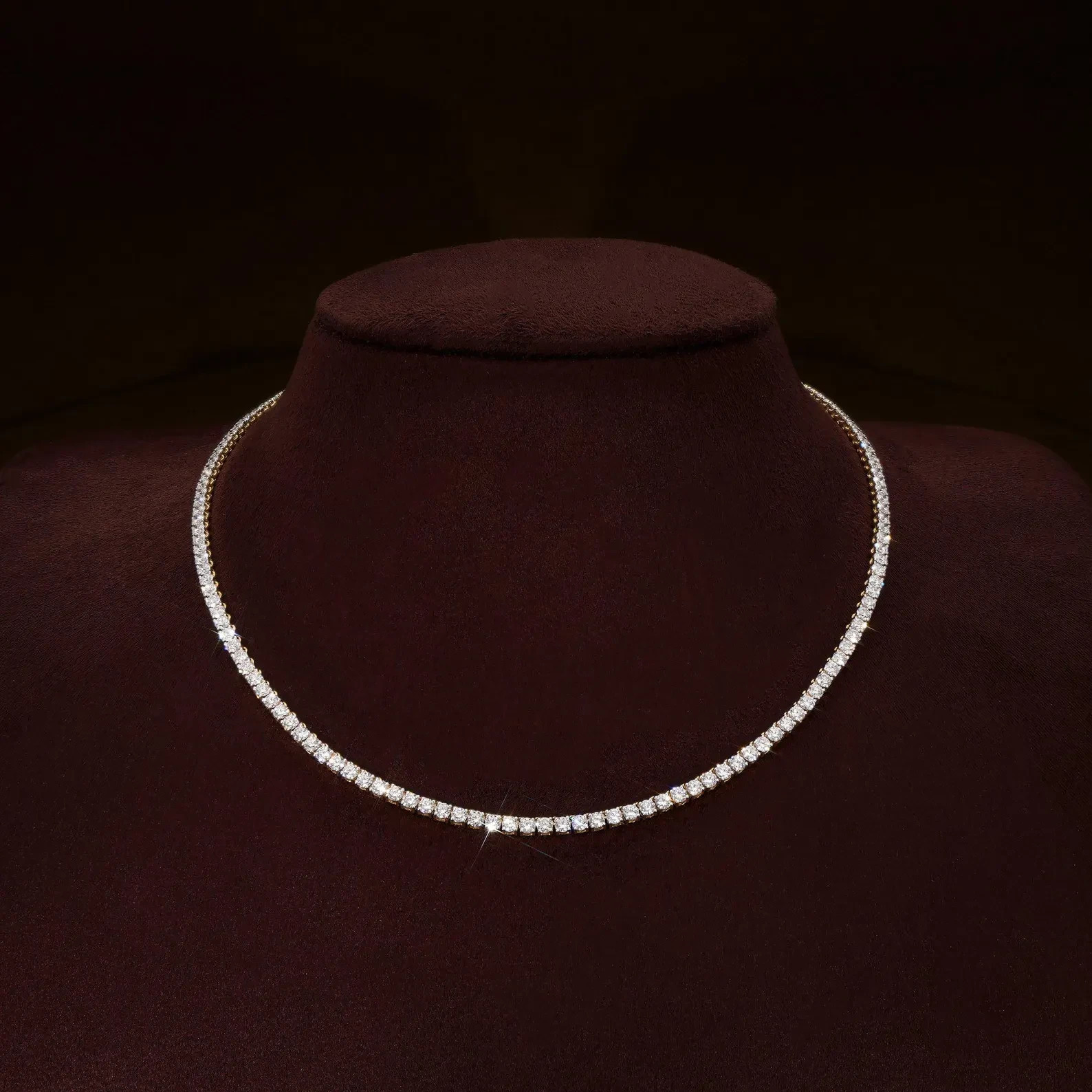15Ct Lab Grown Diamond Tennis Necklace 3mm Round G-VS 10K Yellow Gold 22 Inch
