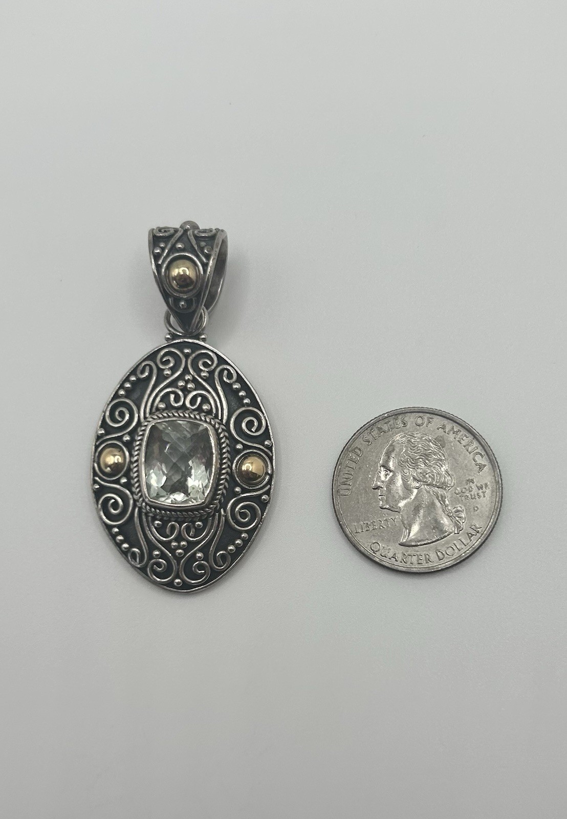 BA Suarti 18k Gold And 925 Sterling Silver Green Amethyst Scroll Pendant 2.25”