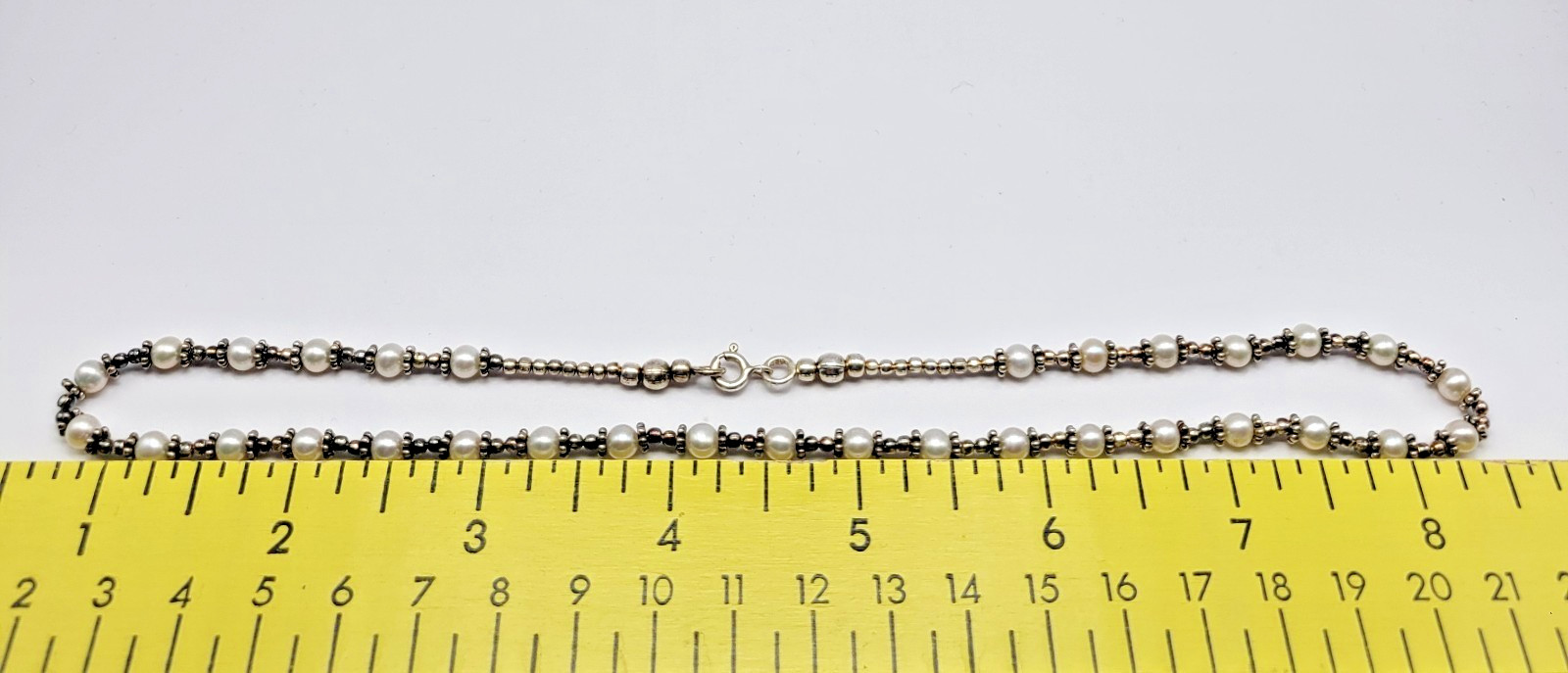 Sterling Silver 4mm Cultured Freshwater Pearl Bali Bead Station Necklace ~ 16″