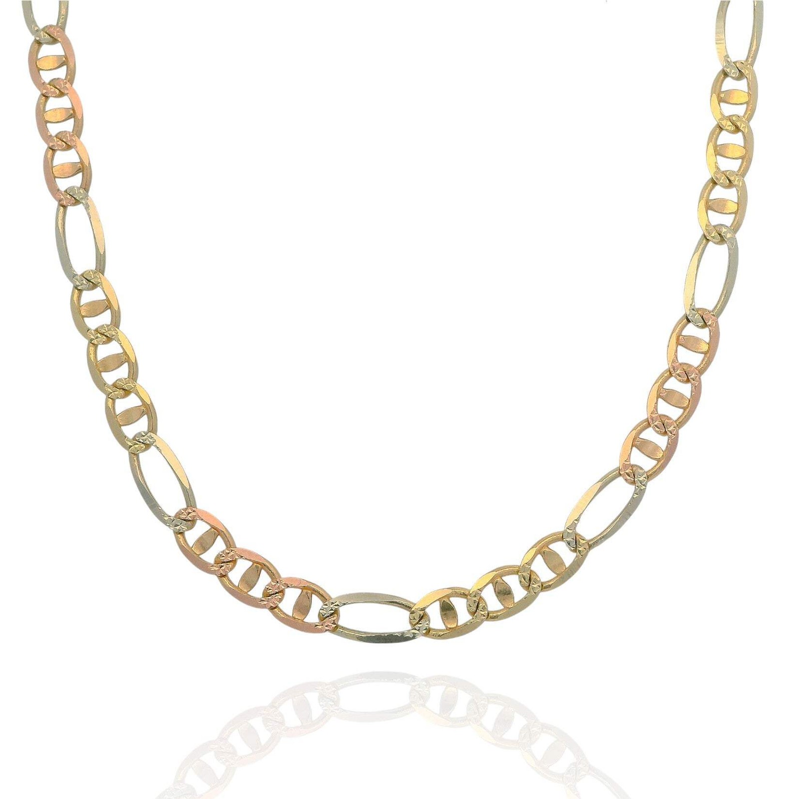 14K Gold Italian Tri-Color Figarucci Chain Necklace (16”- 24”) (2.5mm-3.5mm)