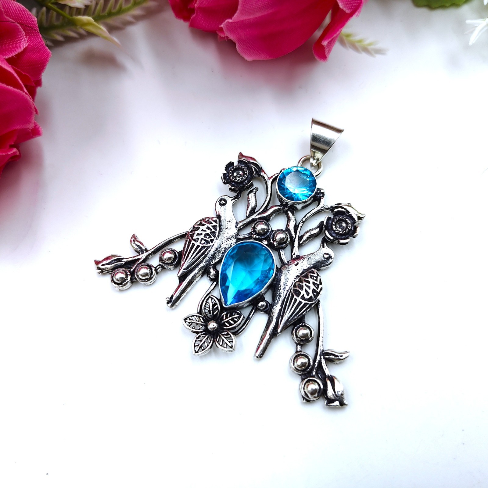 Swiss Blue Topaz Gemstone Handmade 925 Sterling Silver Jewelry Pendant Sz 2.25″
