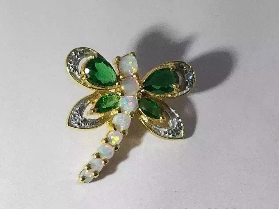 2Ct Round Cut Fire Opal Dragonfly Pendant 14K Yellow Gold Over