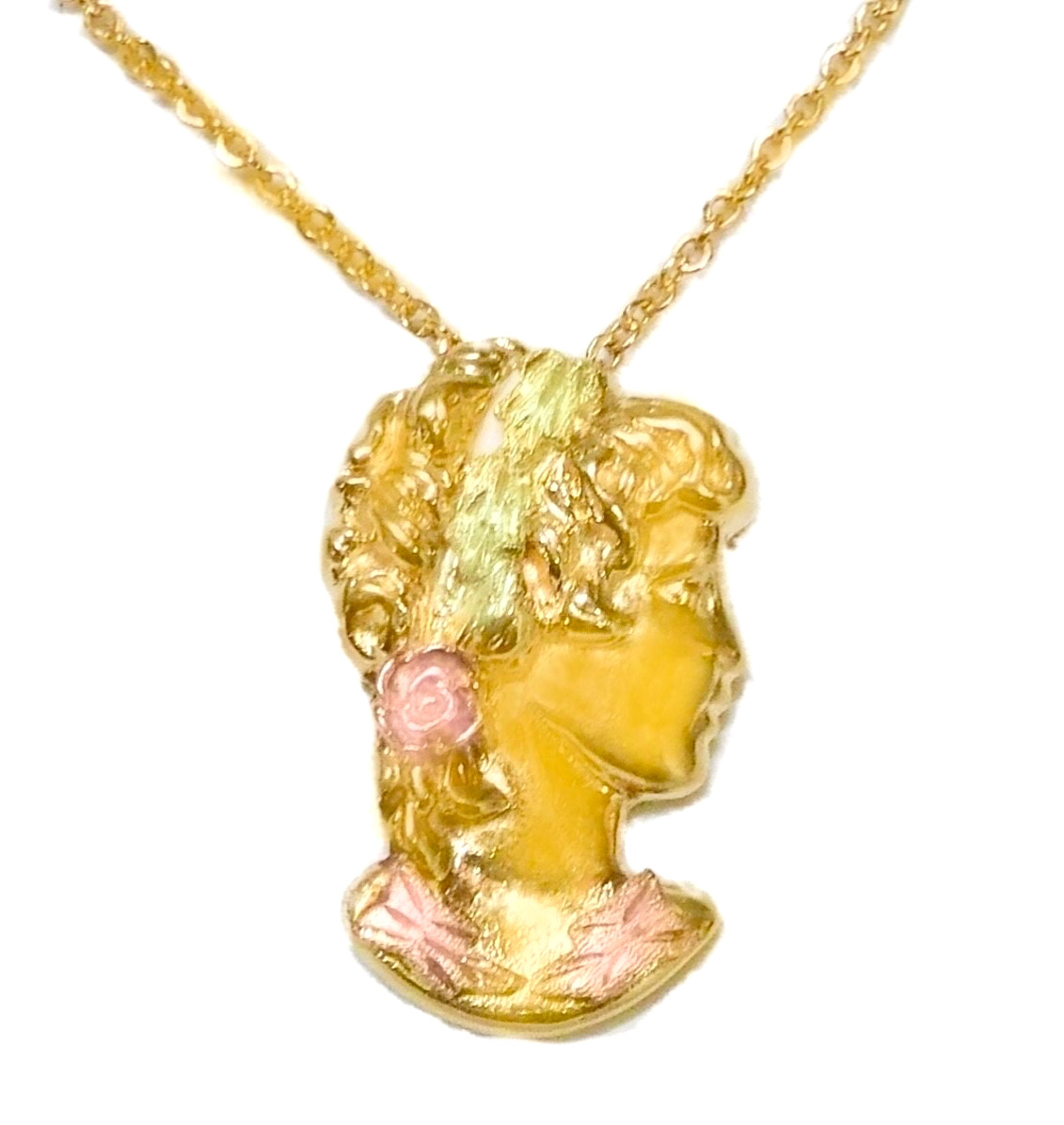 Black Hills Gold 10K Cameo Rose Leaves Pendant 5.1 G Solid 10k Chain