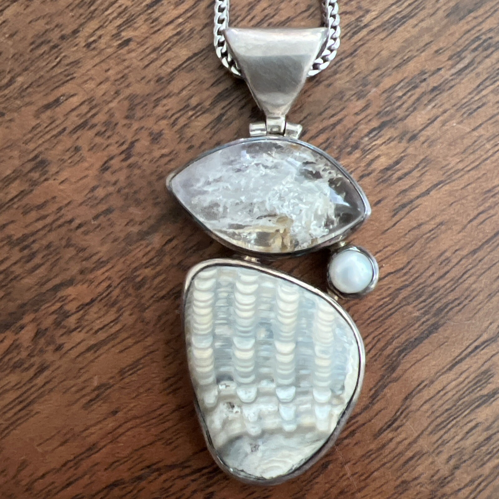 Starborn 925 Sterling Silver Cluster Pendant Necklace Fossil Pearl Neutral Color