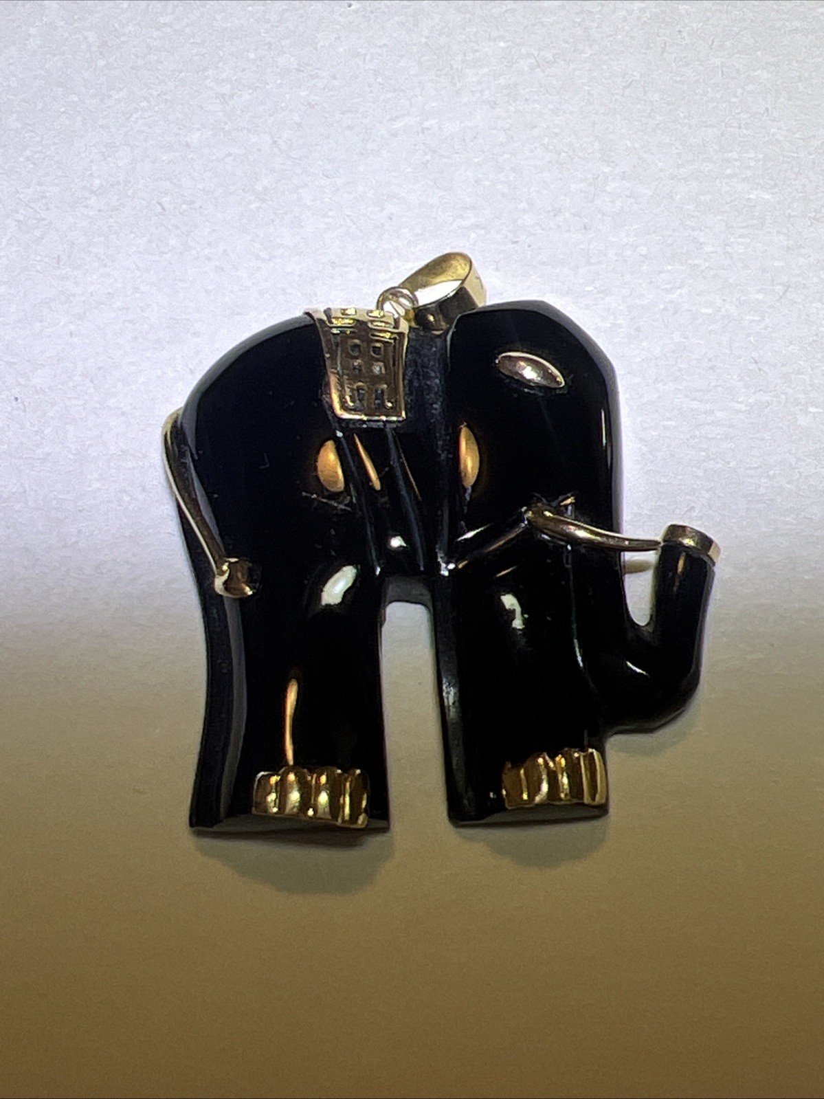 Great Extra Large Solid 14K Gold Black Onyx Elephant Pendant
