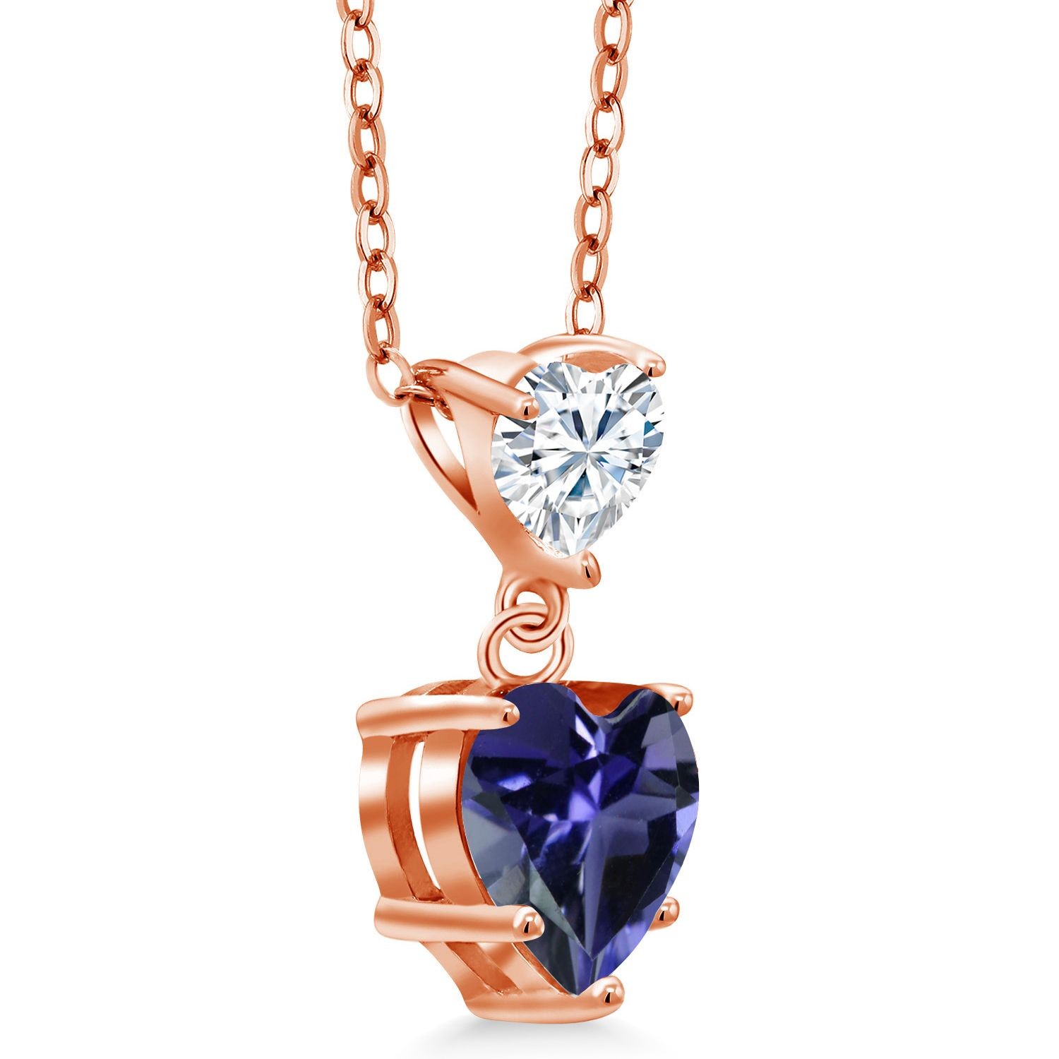 18K Rose Gold Plated Silver Heart Shape Blue Iolite and Moissanite Pendant