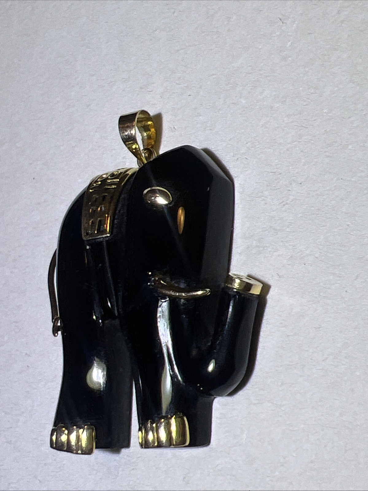 Great Extra Large Solid 14K Gold Black Onyx Elephant Pendant