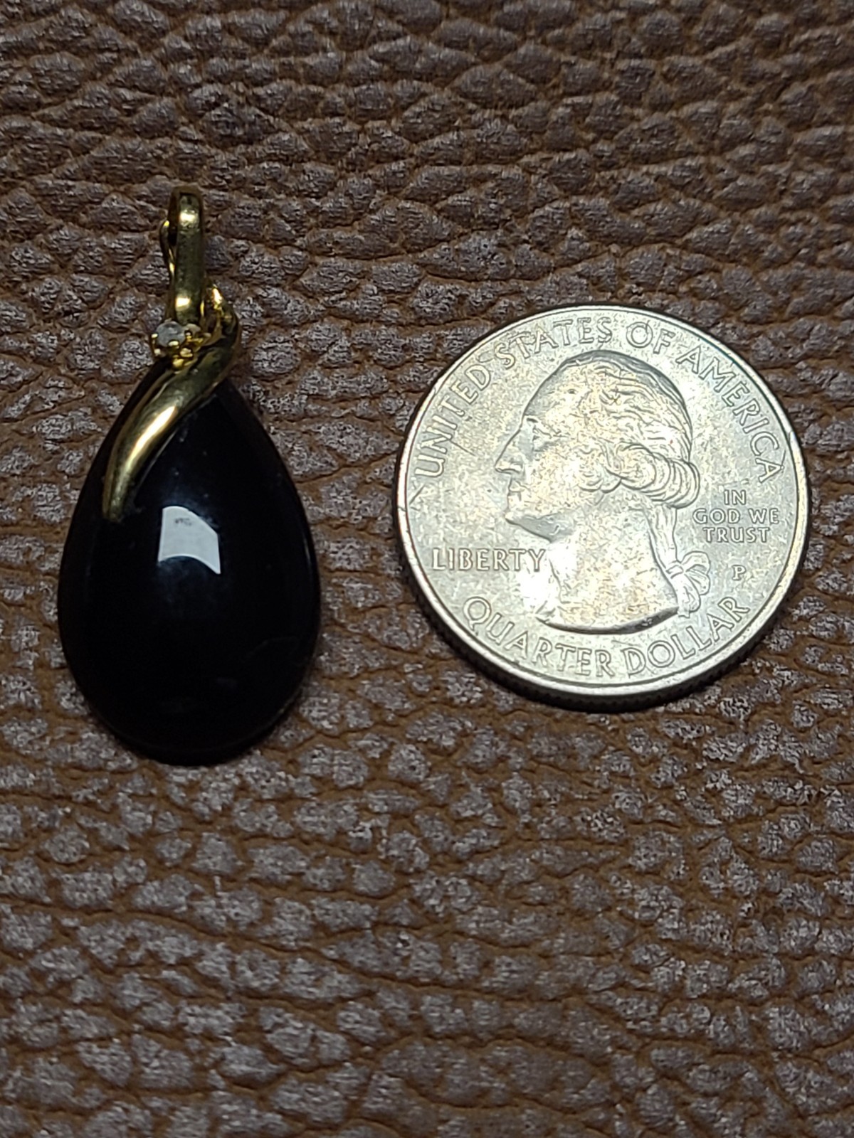 14K Gold Black Onyx & Diamond Enhancer Pendant Large Pear Cabochon Statement