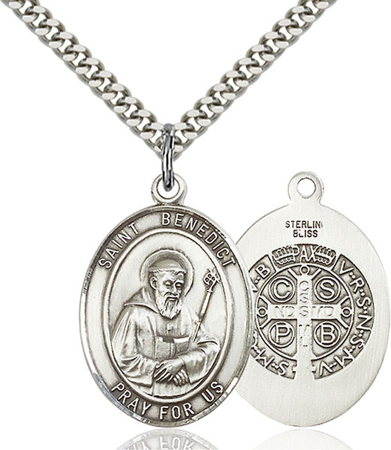 Sterling Silver Saint Benedict Catholic Medal Pendant Necklace 24″ Chain