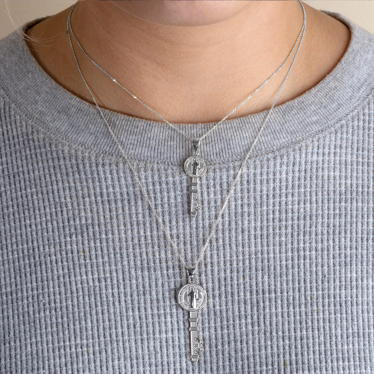 .925 Sterling Silver Saint Benedict Medal Key Reversible Pendant Necklace S/L