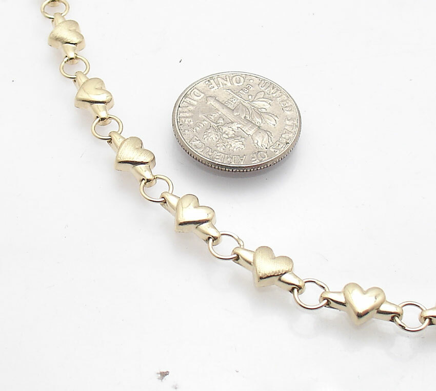 Shiny Satin Heart Linked Stampato Chain Necklace Real 14K Yellow Gold ALL SIZES
