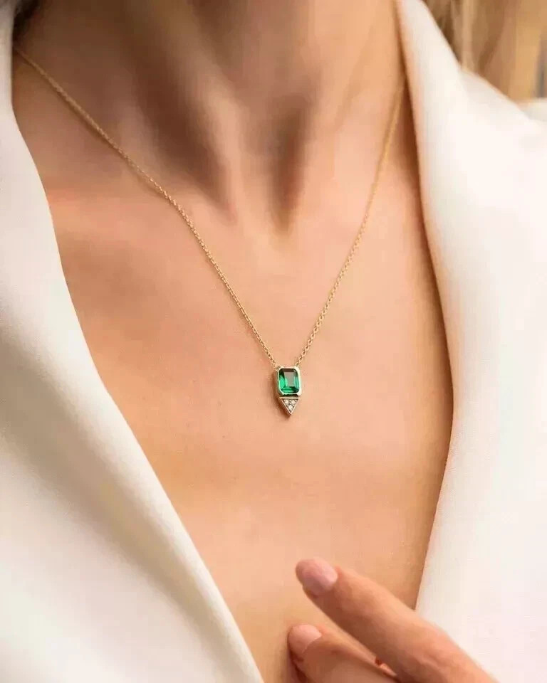 2.00Ct Emerald Cut Lab Created Emerald & Diamond Pendant 14K Yellow Gold Plated