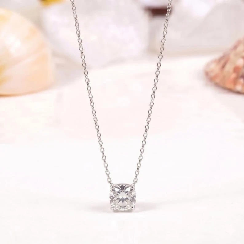 1Ct Cushion Cut Lab Created Moissanite Solitaire Pendant Necklace 18″ 925 Silver