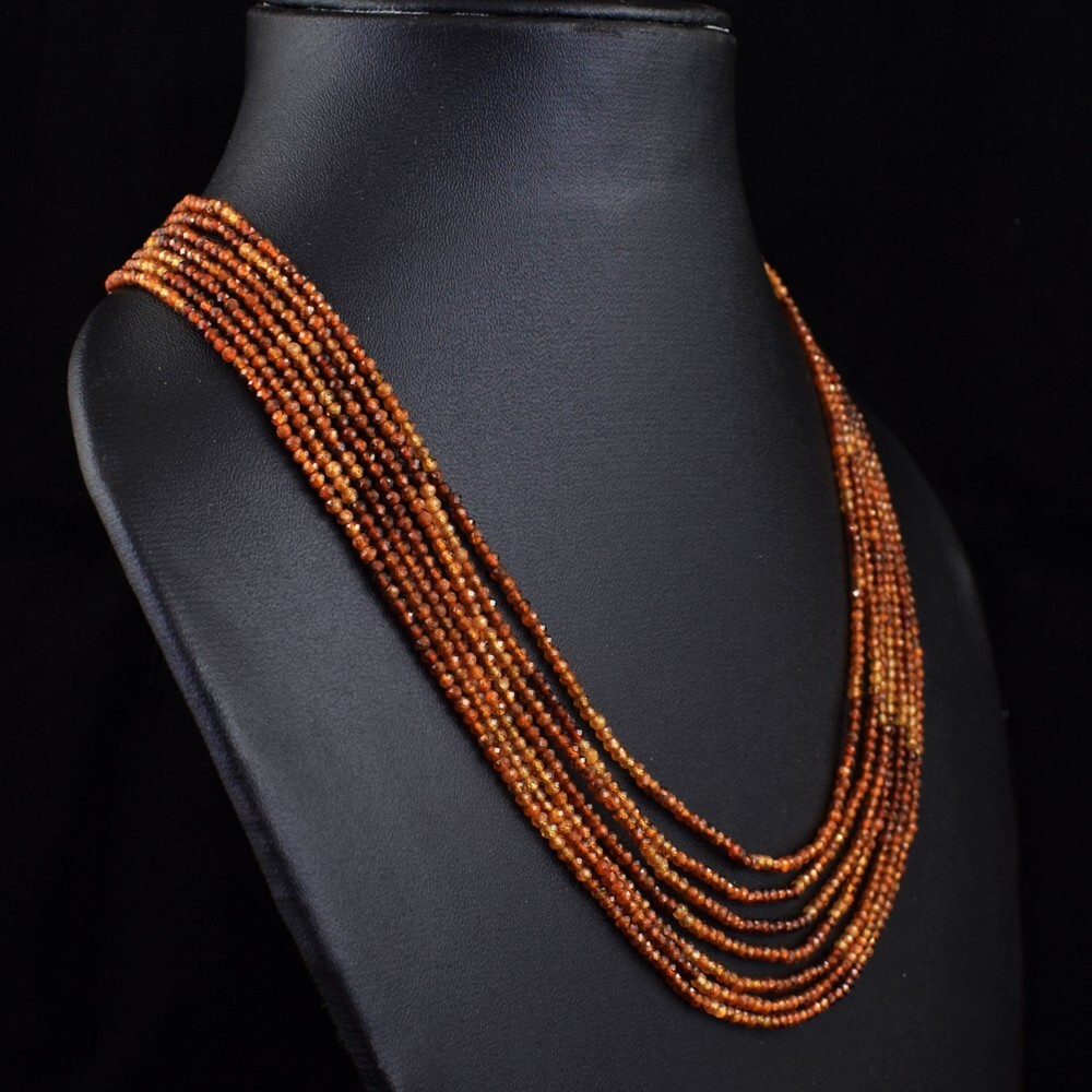 185 Cts Natural 7 Strands Hessonite Garnet Round Shape Beads Necklace AK 20 E488