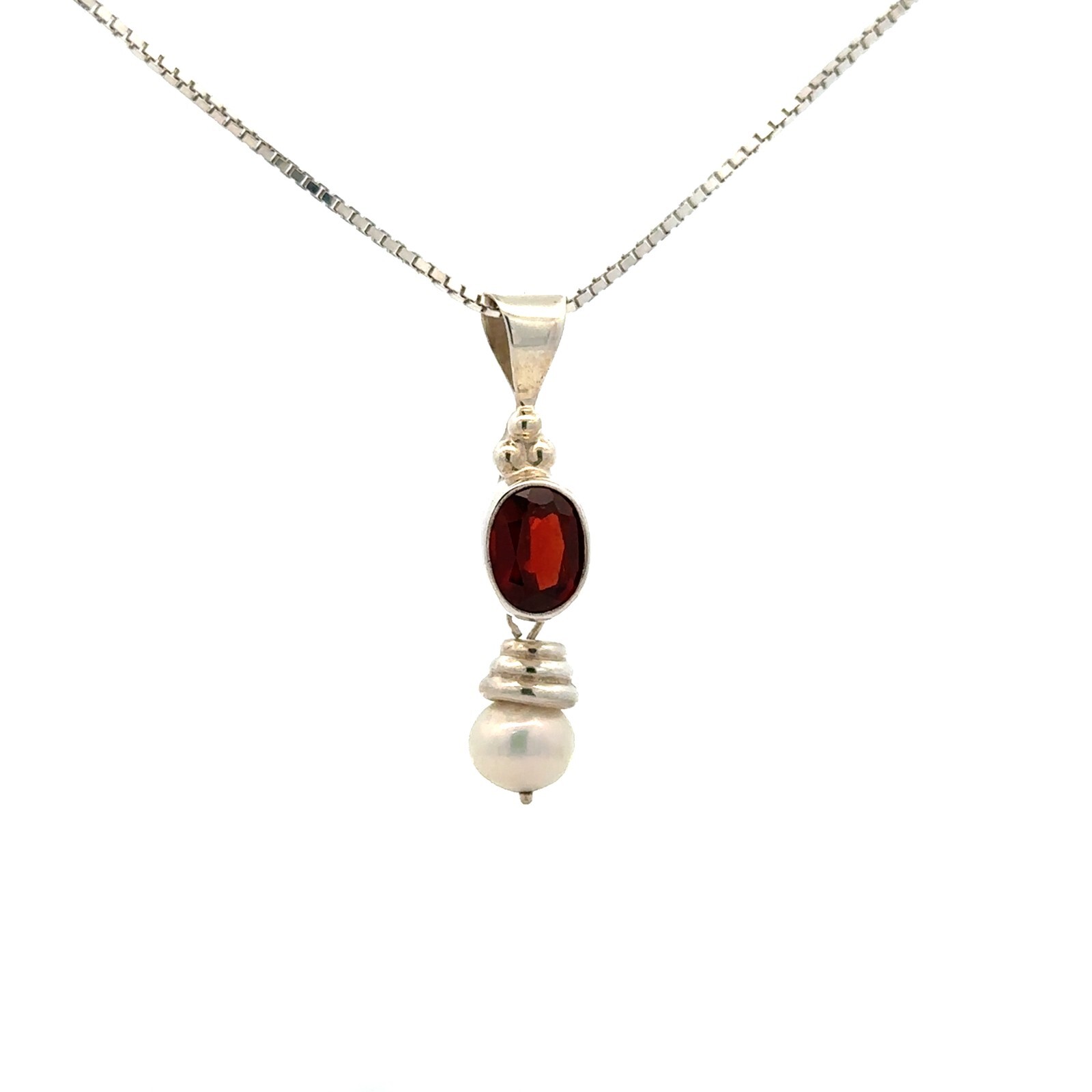 Sterling Silver Garnet And Freshwater Pearl Pendant (1/4 x 1 1/4 Inch)