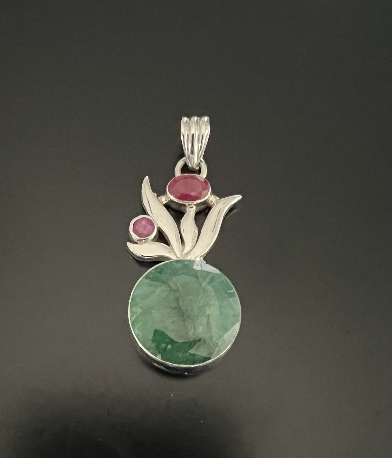 Natural Emerald & Ruby Pendant Modern Floral Design Sterling Silver
