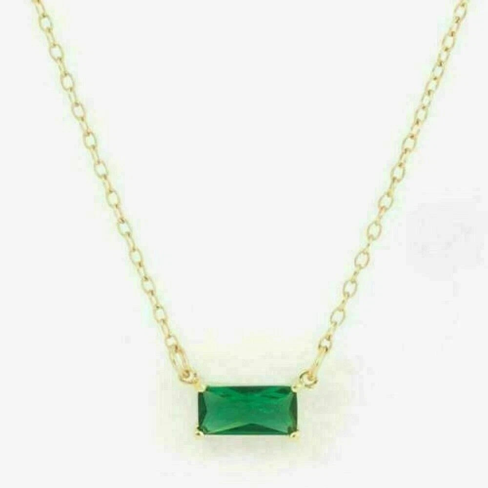 1Ct Baguette Cut Green Emerald Solitaire Pendant Necklace 14k Yellow Gold Over