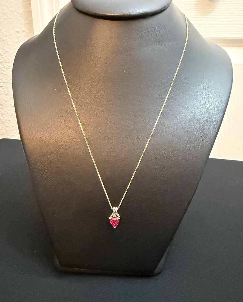 10k Gold Red Crystal Heart Pendant 9.5” Dainty Chain Necklace