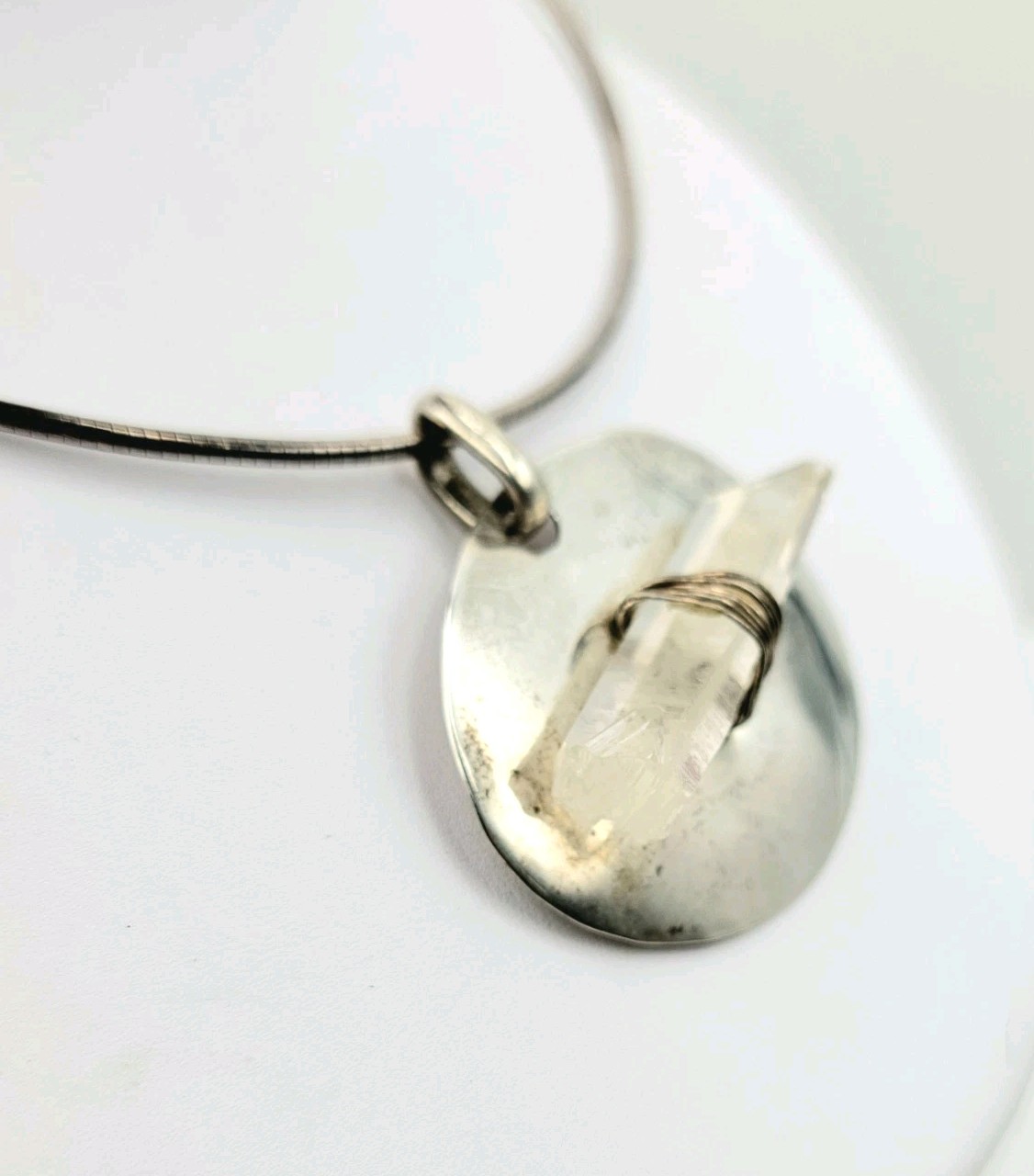 Sterling Silver Clear Crystal Quartz On Oval Silver Base Snake Chain 23gr Italy