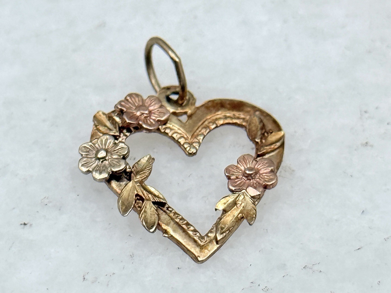 Vintage 14K Yellow Rose White Gold Heart Love Flower Pendant
