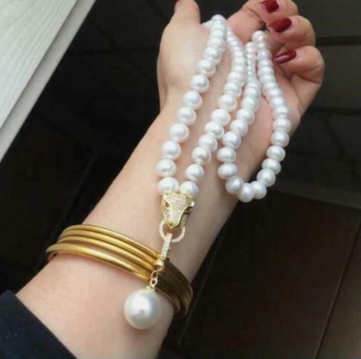 Natural Real 8-9 mm White Natural south sea Pearl Long Necklace 30″ 925s