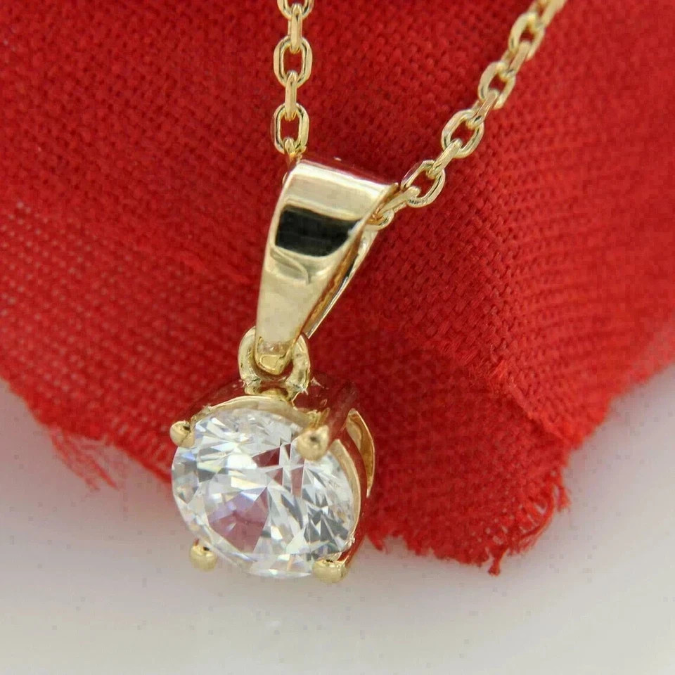 2Ct Round Cut Real Moissanite Solitaire Pendant Free Chain 14K Yellow Gold Over